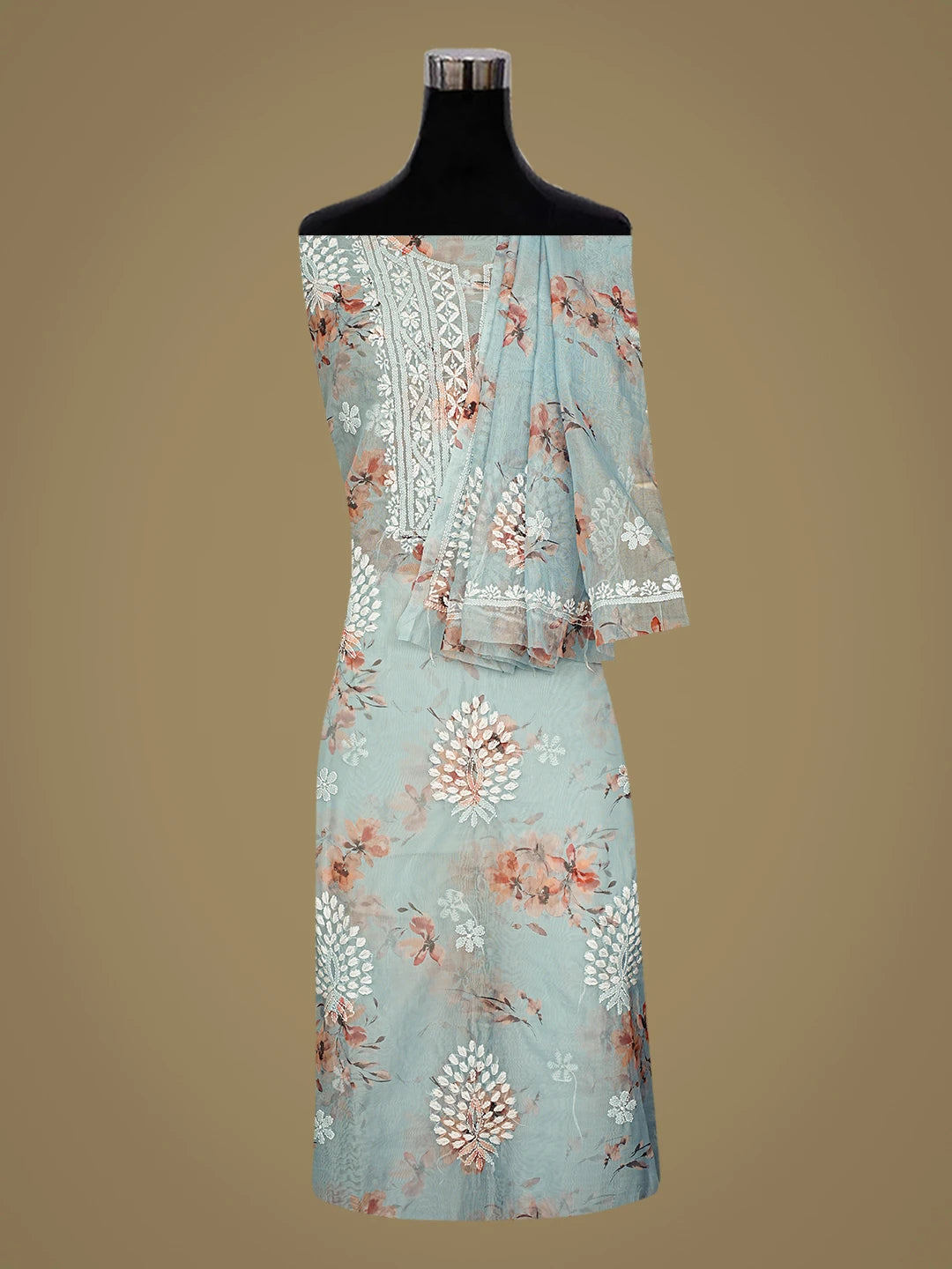 Ada Hand Embroidered Floral Printed Ash Grey Organza Lucknowi Chikankari Unstitched Kurta Dupatta Set 01A876517