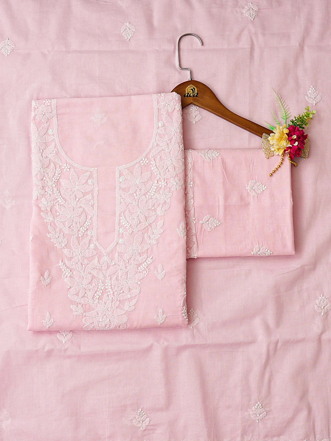 Ada Hand Embroidered Pink Cotton Lucknowi Chikankari Unstitched Suit Piece 01A785694