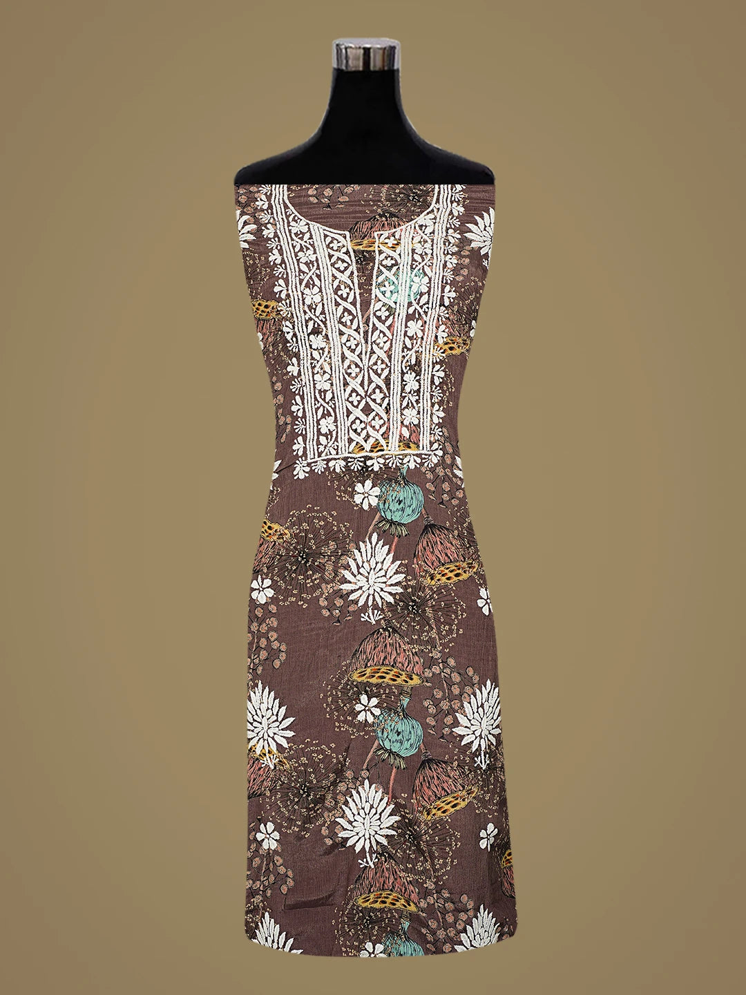 Ada Hand Embroidered Floral Printed Brown Crepe Lucknowi Chikankari Unstitched Kurta Dupatta Set 01A722837
