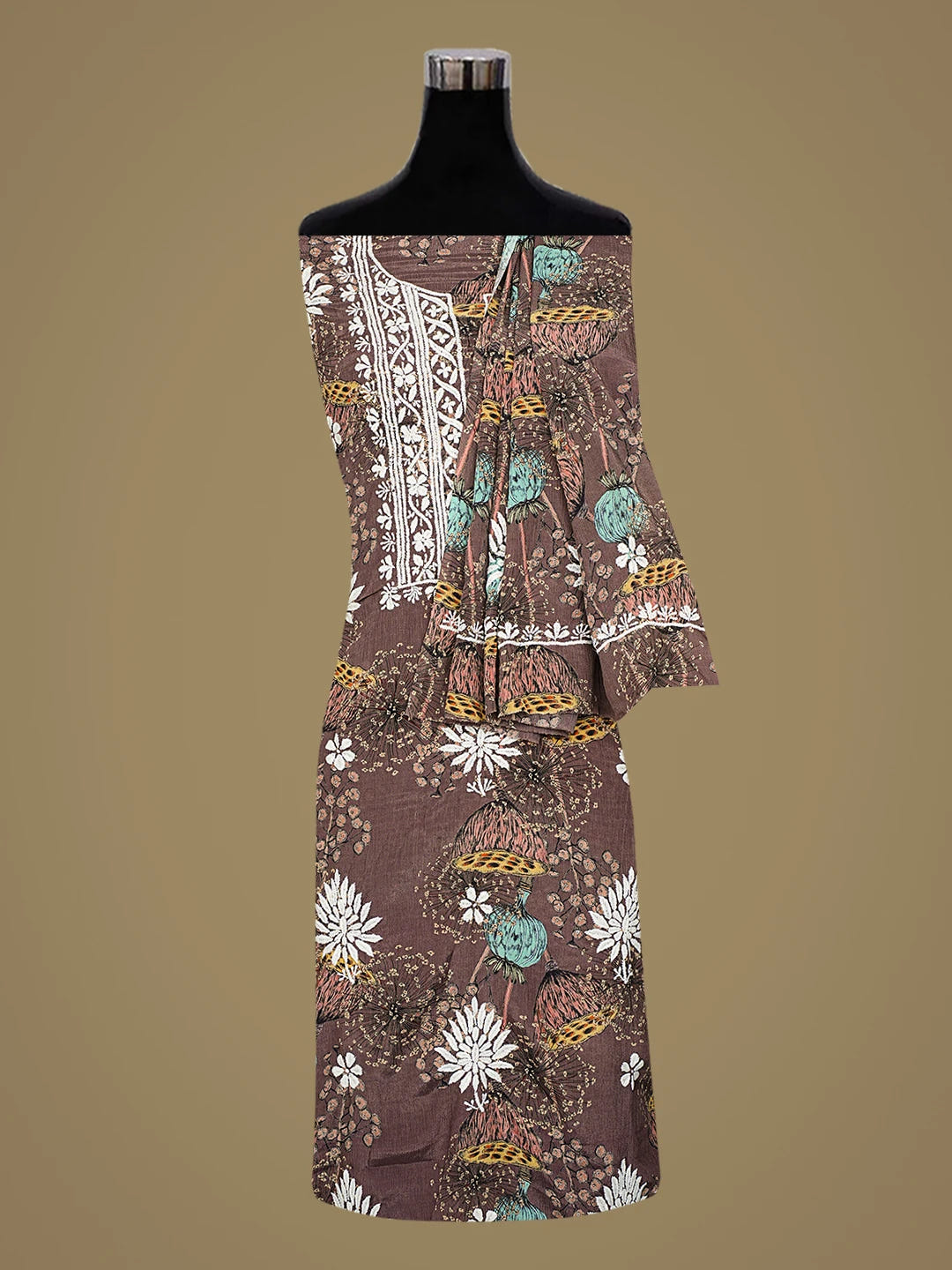 Ada Hand Embroidered Floral Printed Brown Crepe Lucknowi Chikankari Unstitched Kurta Dupatta Set 01A722837