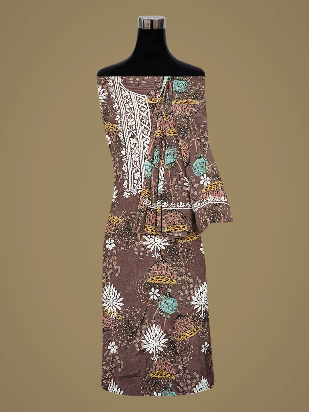 Ada Hand Embroidered Floral Printed Brown Crepe Lucknowi Chikankari Unstitched Kurta Dupatta Set 01A722837