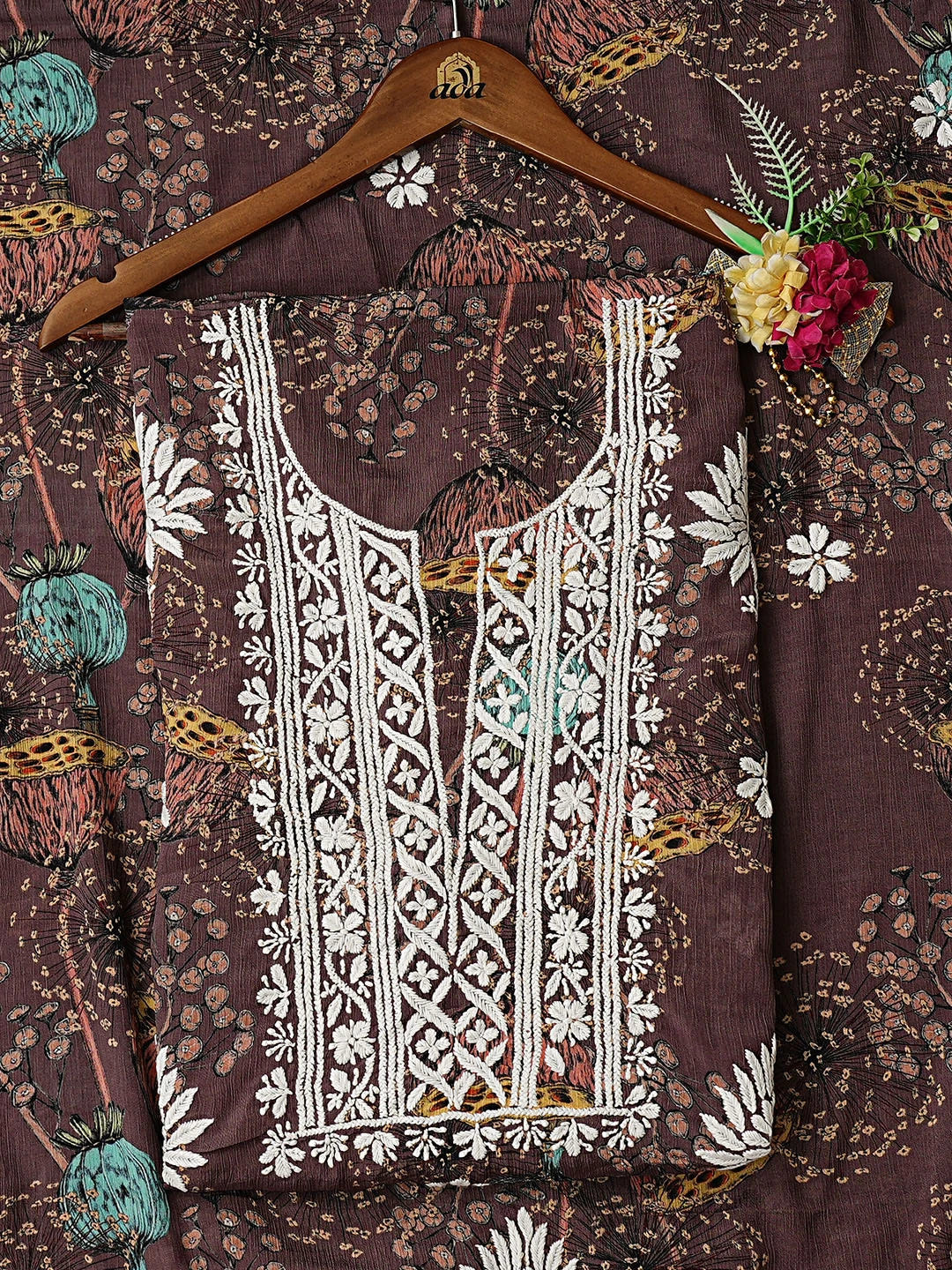 Ada Hand Embroidered Floral Printed Brown Crepe Lucknowi Chikankari Unstitched Kurta Dupatta Set 01A722837