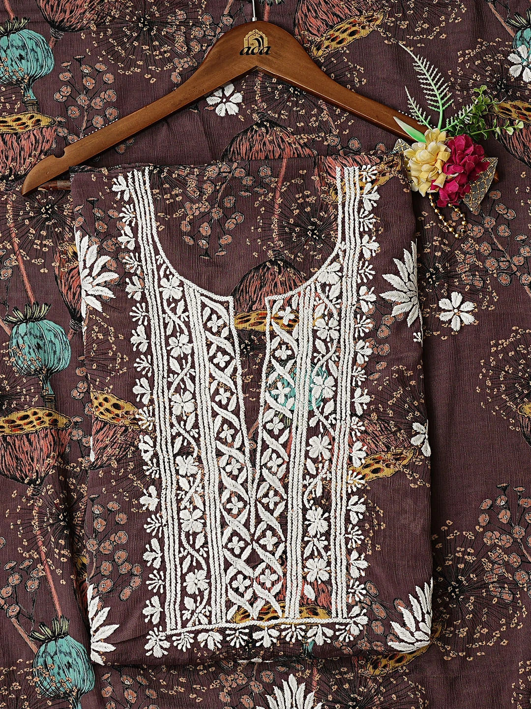 Ada Hand Embroidered Floral Printed Brown Crepe Lucknowi Chikankari Unstitched Kurta Dupatta Set 01A722837