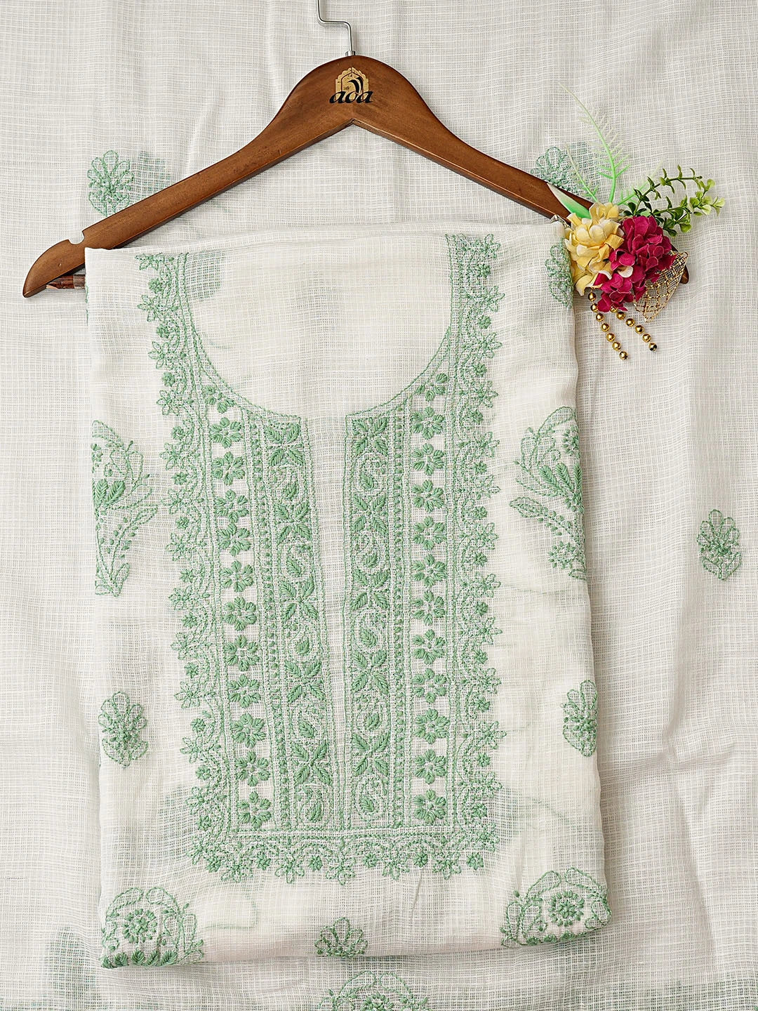 Ada Hand Embroidered White Kota Lucknowi Chikankari Unstitched Kurta Dupatta Set 01A876925