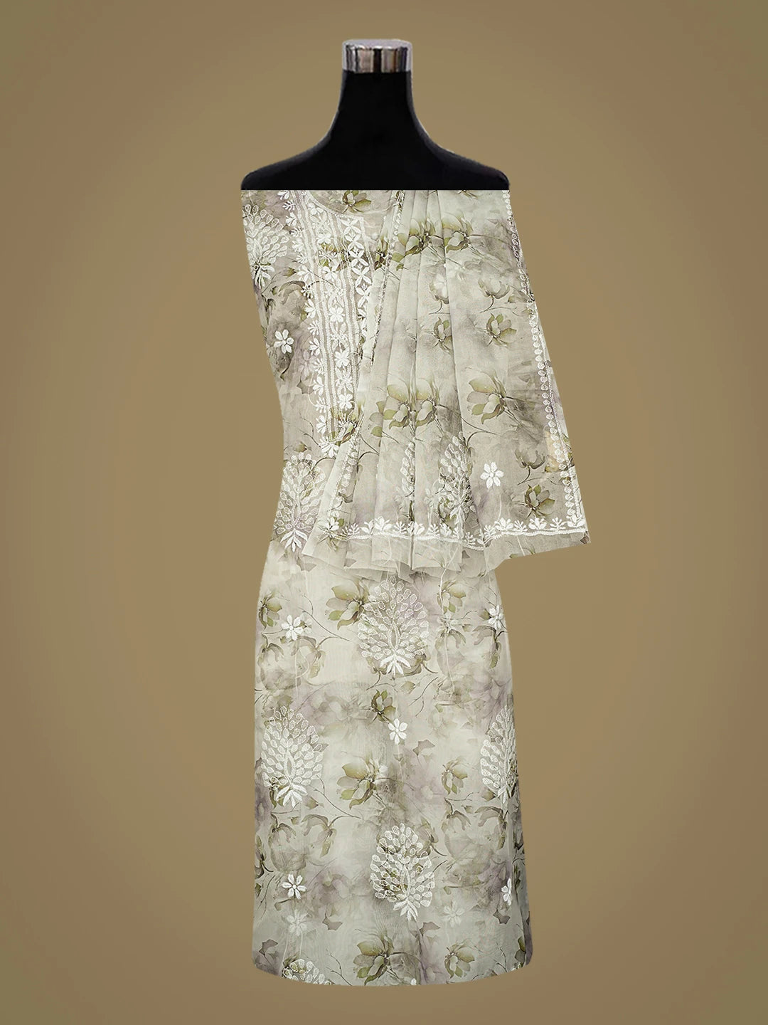 Ada Hand Embroidered Floral Printed Light Grey Organza Lucknowi Chikankari Unstitched Kurta Dupatta Set 01A876714