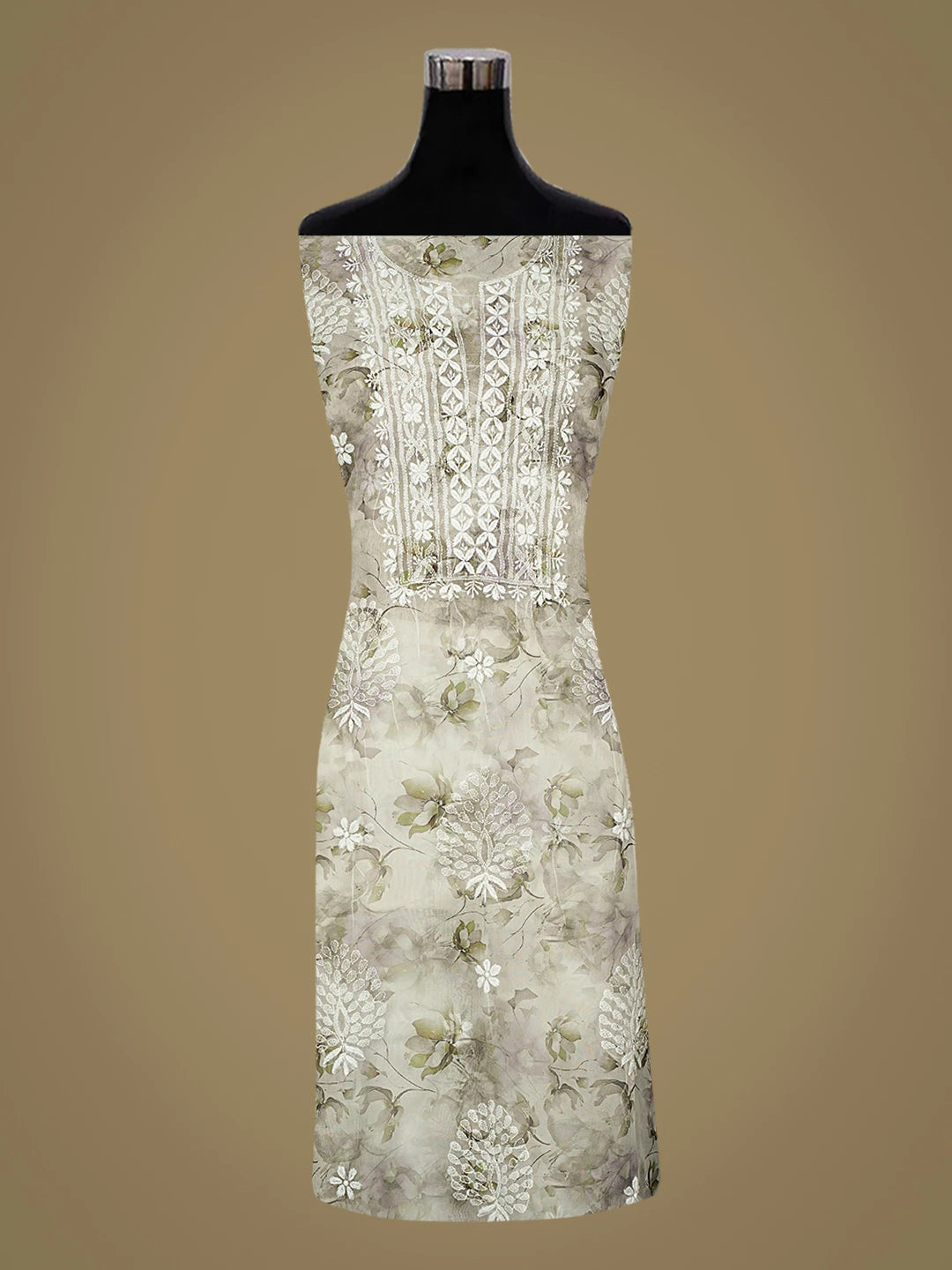 Ada Hand Embroidered Floral Printed Light Grey Organza Lucknowi Chikankari Unstitched Kurta Dupatta Set 01A876714