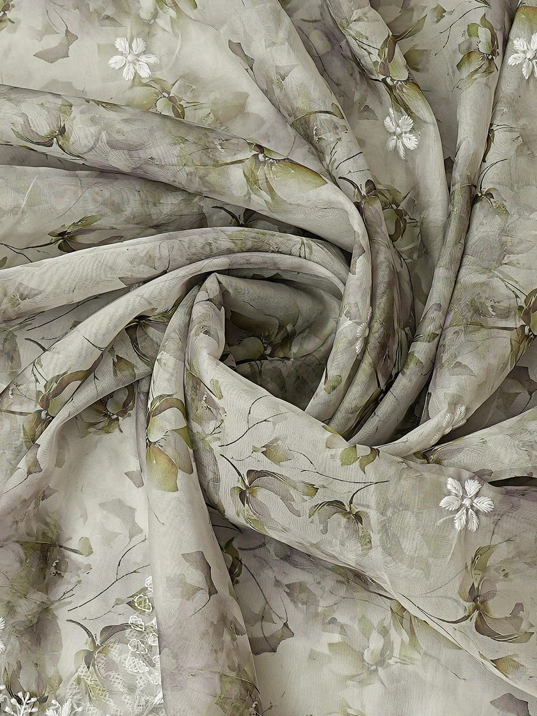 Ada Hand Embroidered Floral Printed Light Grey Organza Lucknowi Chikankari Unstitched Kurta Dupatta Set 01A876714