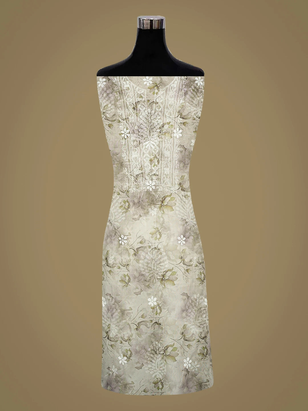 Ada Hand Embroidered Floral Printed Light Grey Organza Lucknowi Chikankari Unstitched Kurta Dupatta Set 01A876714