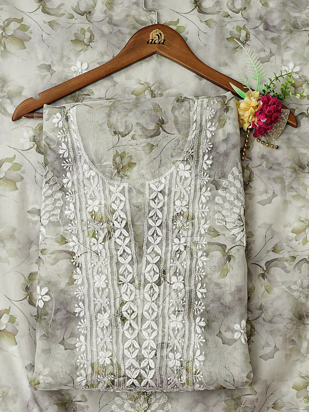 Ada Hand Embroidered Floral Printed Light Grey Organza Lucknowi Chikankari Unstitched Kurta Dupatta Set 01A876714