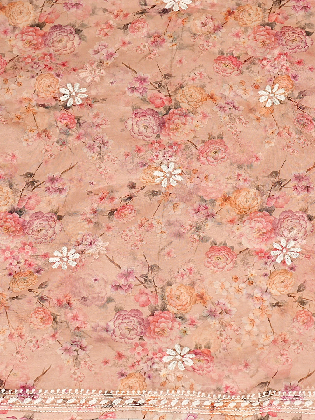 Ada Hand Embroidered Floral Printed Peach Organza Lucknowi Chikankari Unstitched Kurta Dupatta Set 01A876527