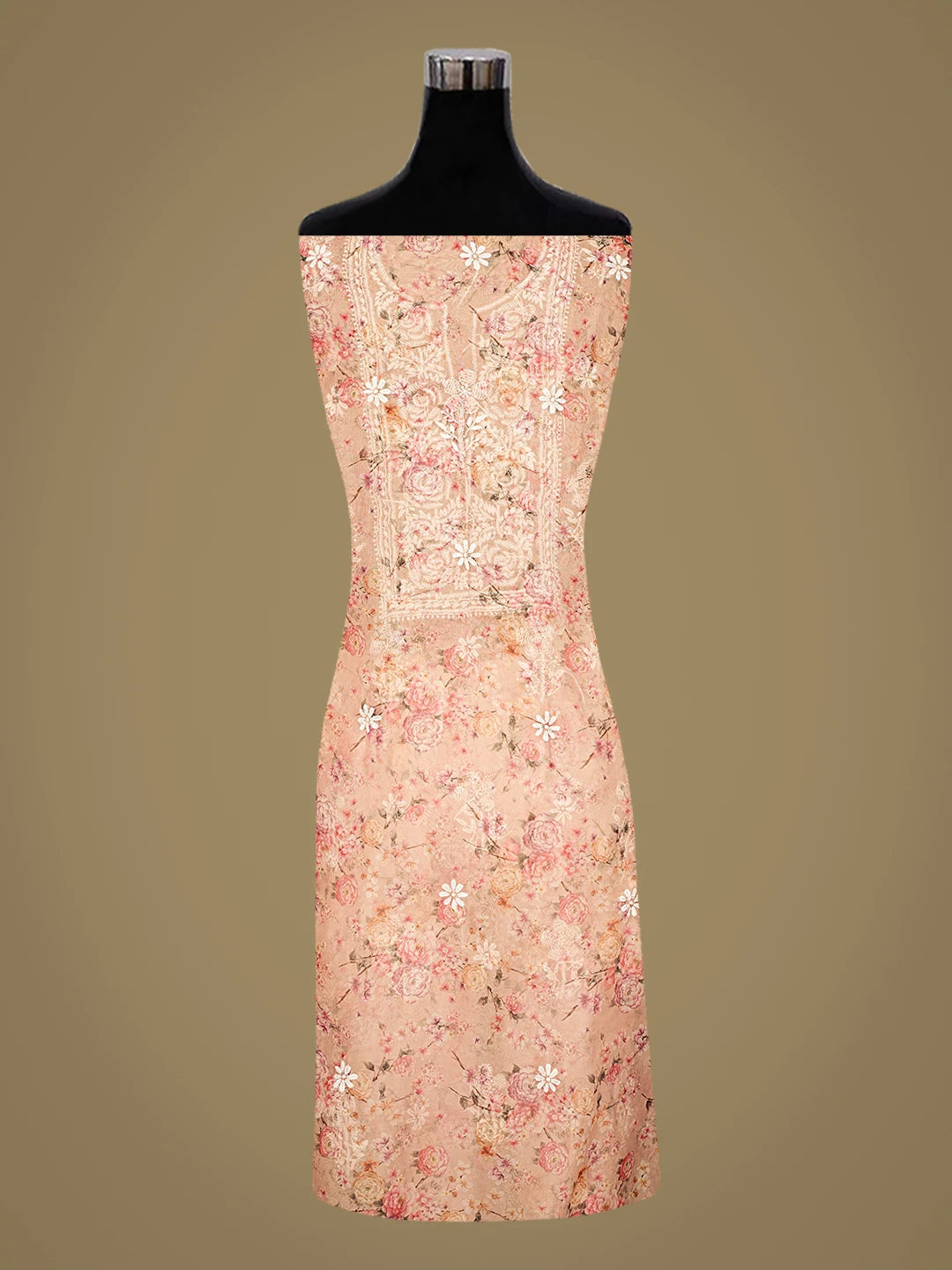 Ada Hand Embroidered Floral Printed Peach Organza Lucknowi Chikankari Unstitched Kurta Dupatta Set 01A876527