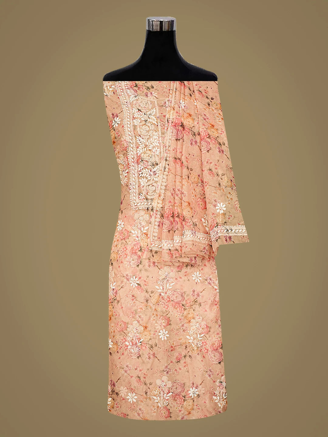 Ada Hand Embroidered Floral Printed Peach Organza Lucknowi Chikankari Unstitched Kurta Dupatta Set 01A876527