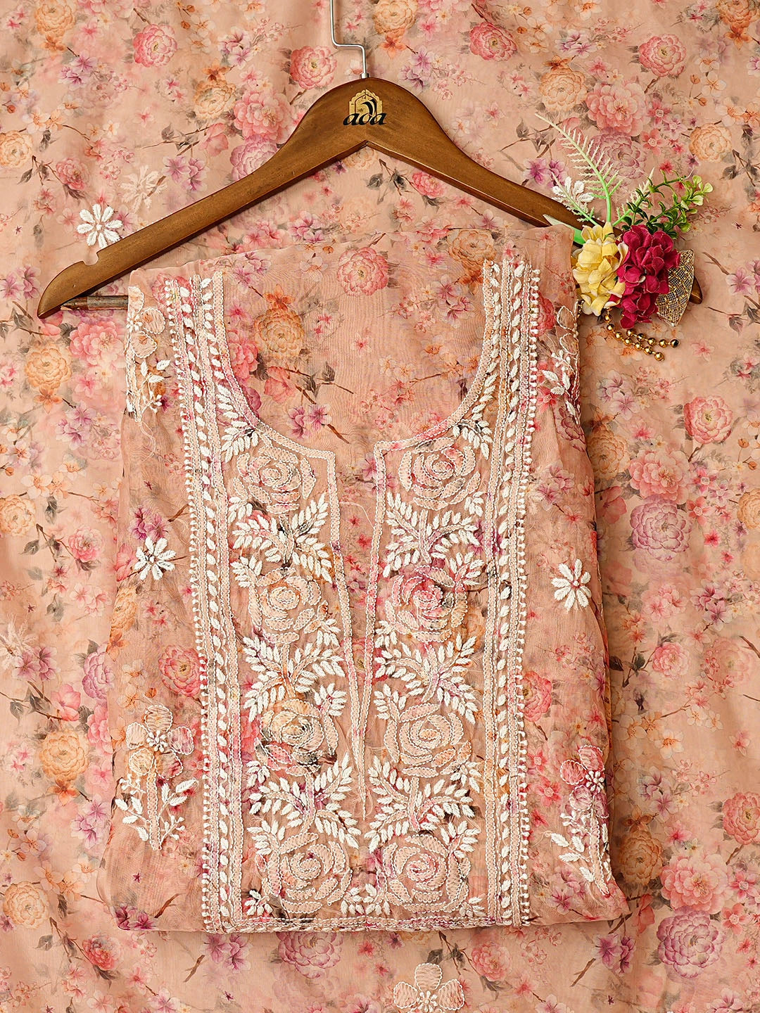 Ada Hand Embroidered Floral Printed Peach Organza Lucknowi Chikankari Unstitched Kurta Dupatta Set 01A876527
