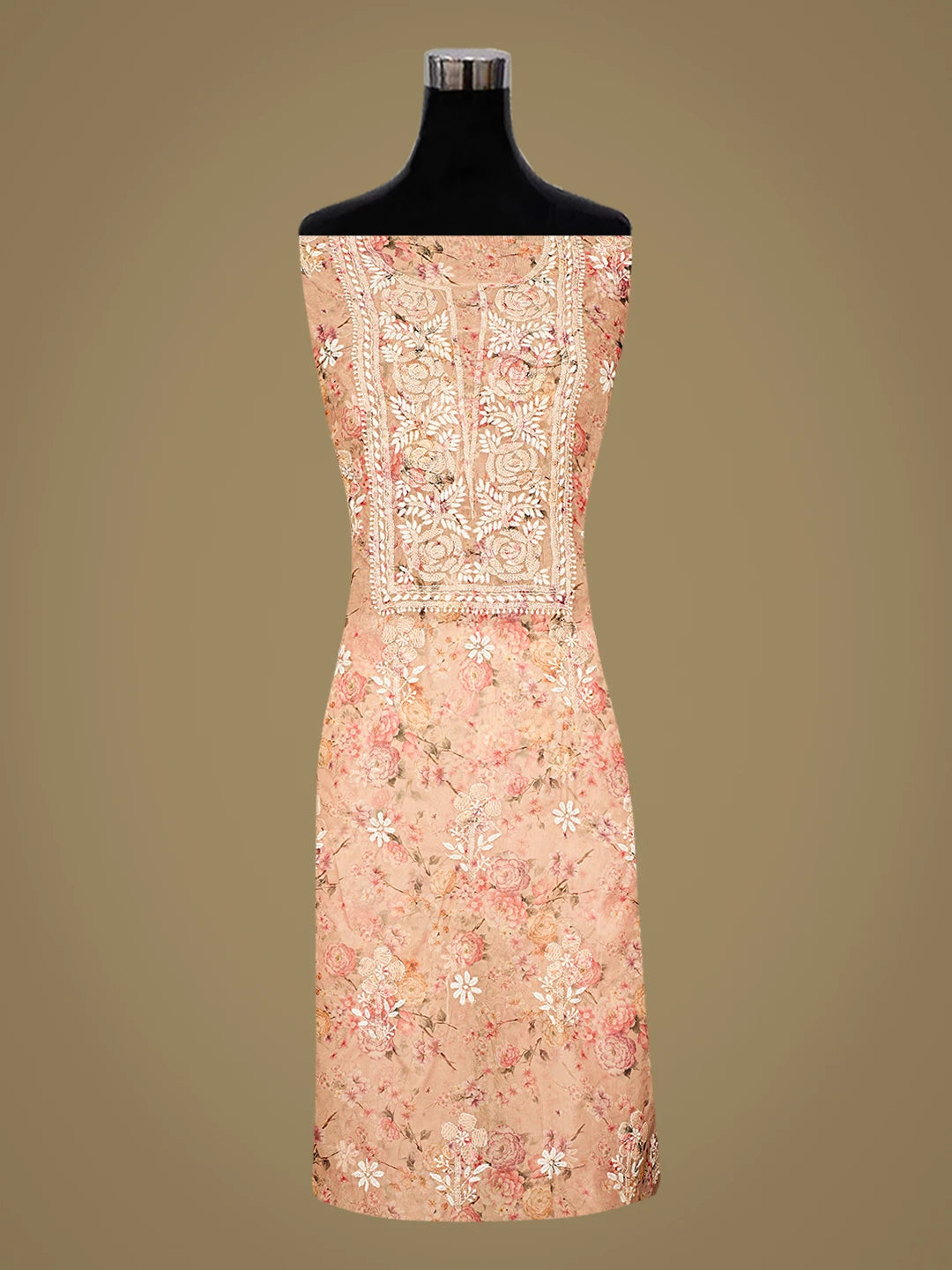 Ada Hand Embroidered Floral Printed Peach Organza Lucknowi Chikankari Unstitched Kurta Dupatta Set 01A876527
