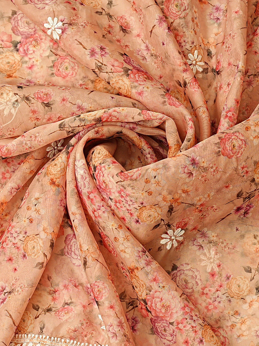 Ada Hand Embroidered Floral Printed Peach Organza Lucknowi Chikankari Unstitched Kurta Dupatta Set 01A876527