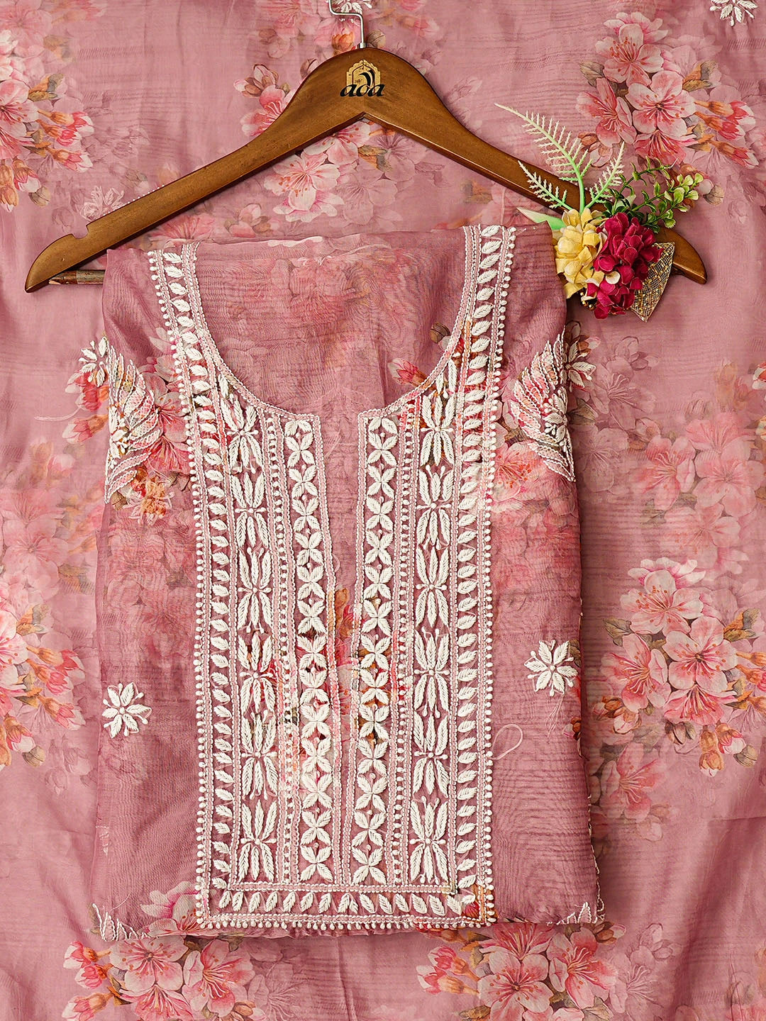 Ada Hand Embroidered Floral Printed Dusty Peach Organza Lucknowi Chikankari Unstitched Kurta Dupatta Set 01A876701