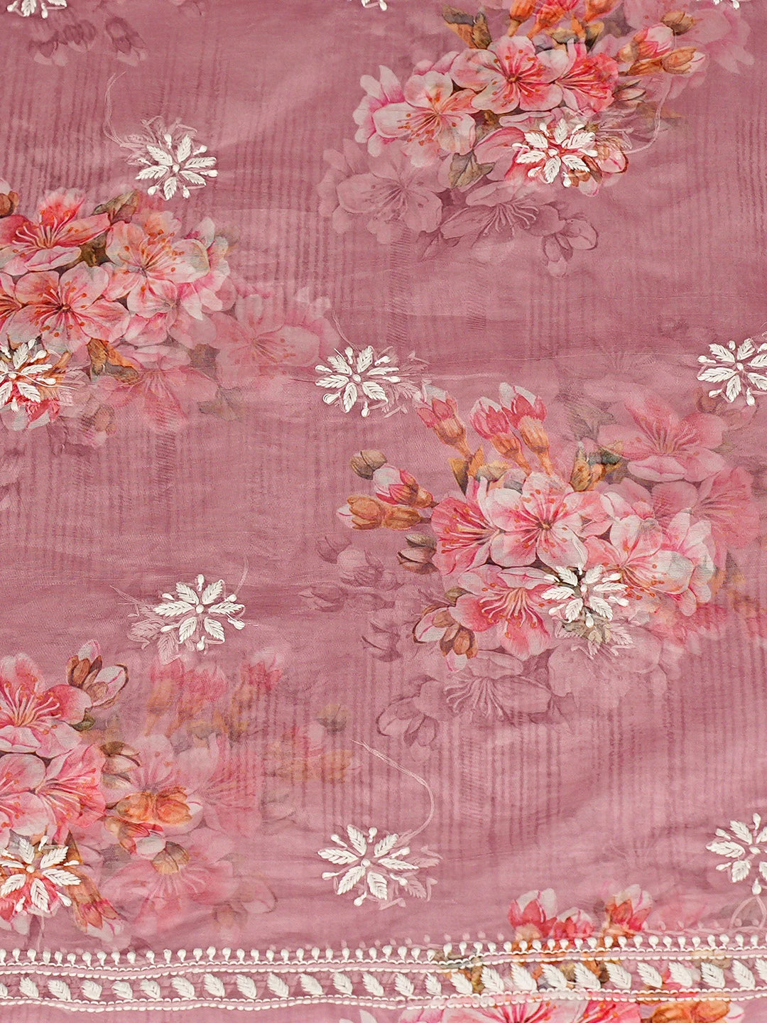 Ada Hand Embroidered Floral Printed Dusty Peach Organza Lucknowi Chikankari Unstitched Kurta Dupatta Set 01A876701
