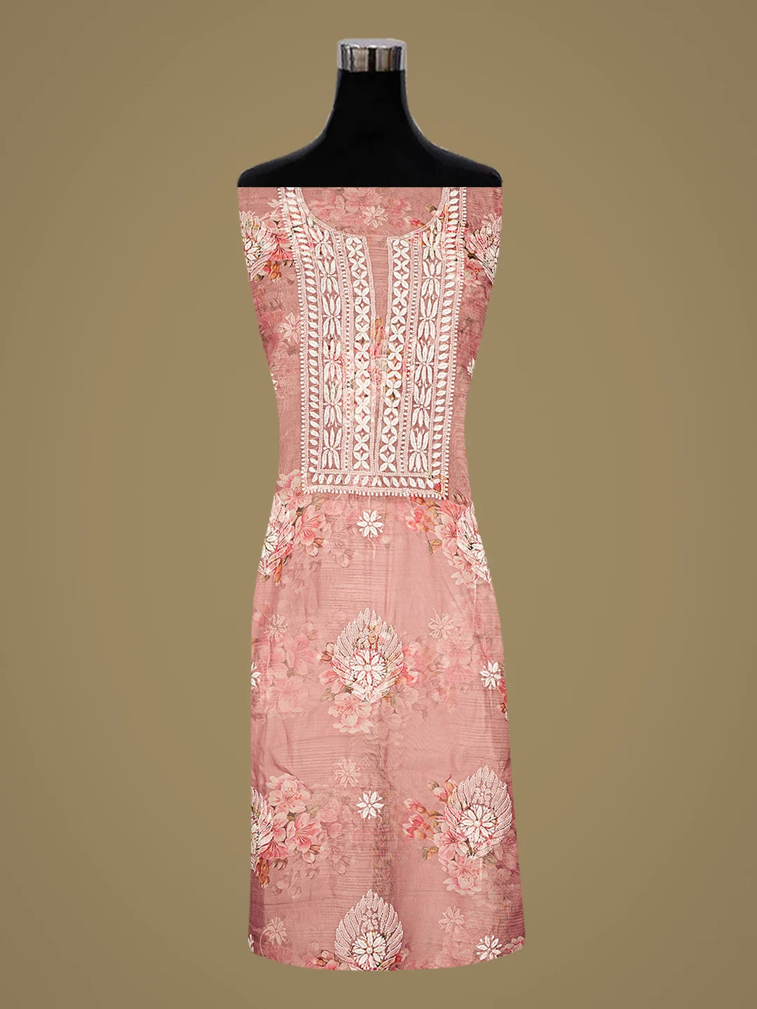 Ada Hand Embroidered Floral Printed Dusty Peach Organza Lucknowi Chikankari Unstitched Kurta Dupatta Set 01A876701