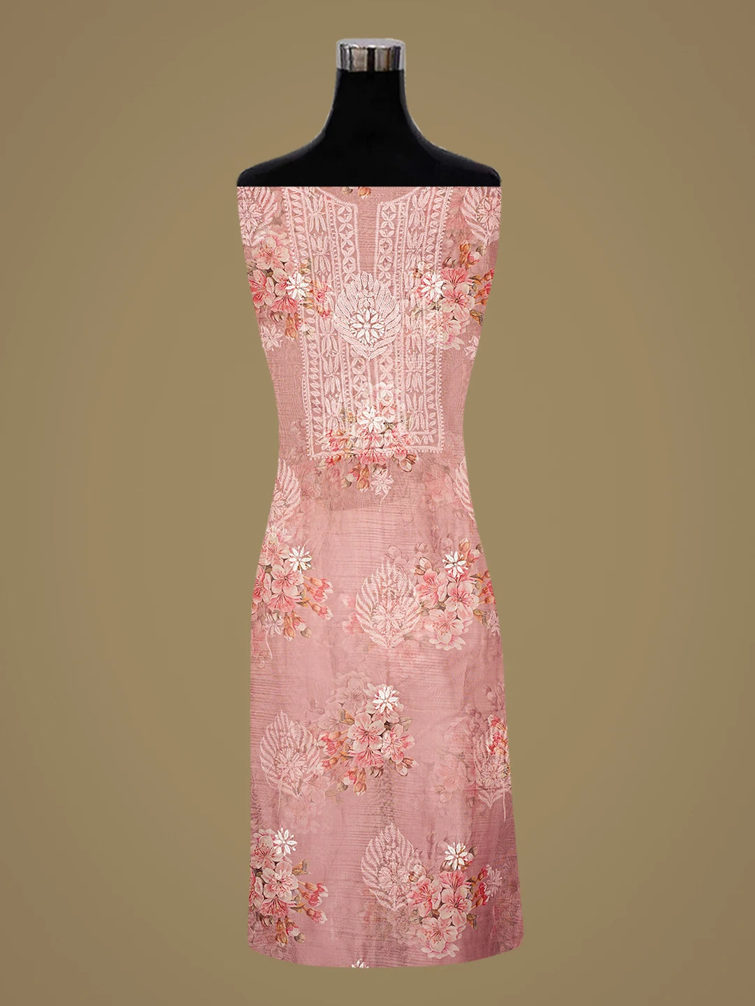 Ada Hand Embroidered Floral Printed Dusty Peach Organza Lucknowi Chikankari Unstitched Kurta Dupatta Set 01A876701