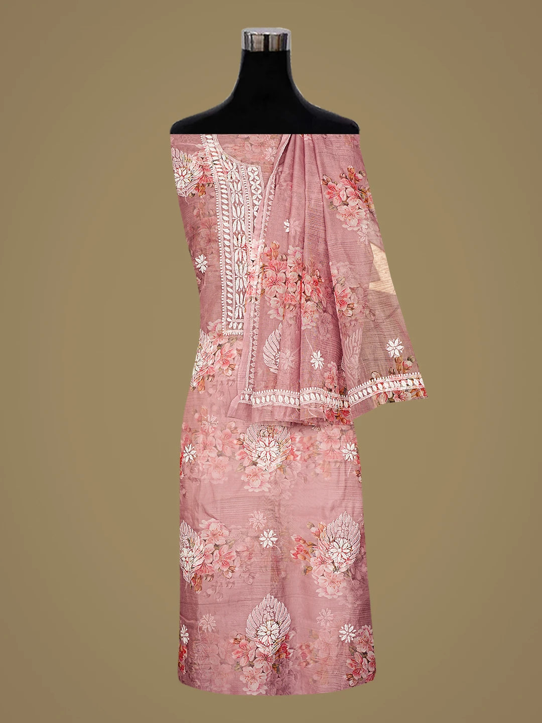 Ada Hand Embroidered Floral Printed Dusty Peach Organza Lucknowi Chikankari Unstitched Kurta Dupatta Set 01A876701
