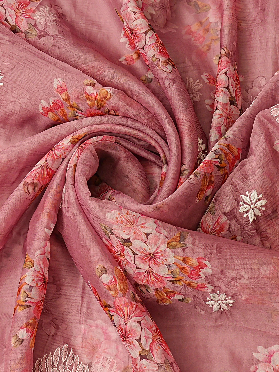 Ada Hand Embroidered Floral Printed Dusty Peach Organza Lucknowi Chikankari Unstitched Kurta Dupatta Set 01A876701