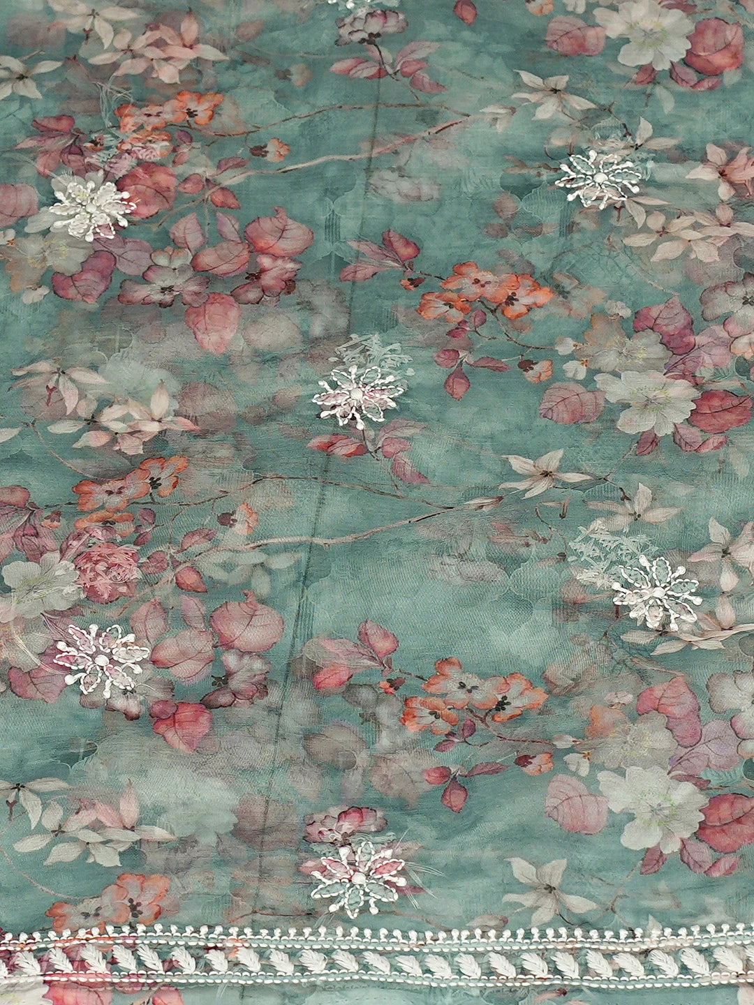 Ada Hand Embroidered Floral Printed Teal Green Organza Lucknowi Chikankari Unstitched Kurta Dupatta Set 01A876561