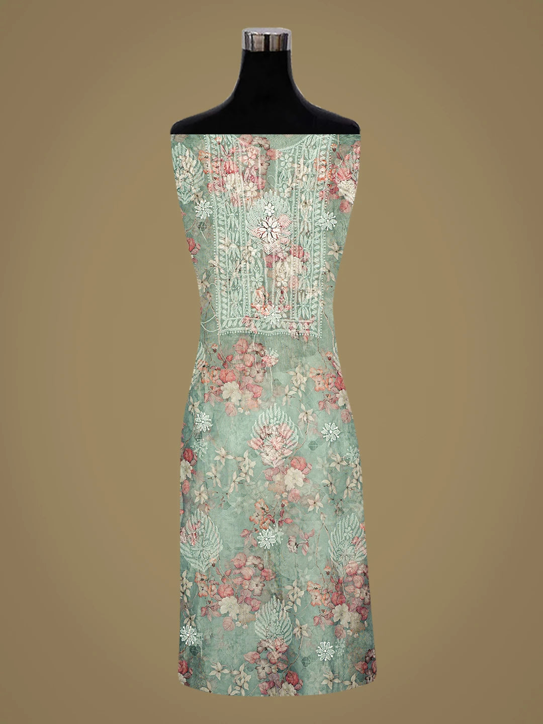 Ada Hand Embroidered Floral Printed Teal Green Organza Lucknowi Chikankari Unstitched Kurta Dupatta Set 01A876561