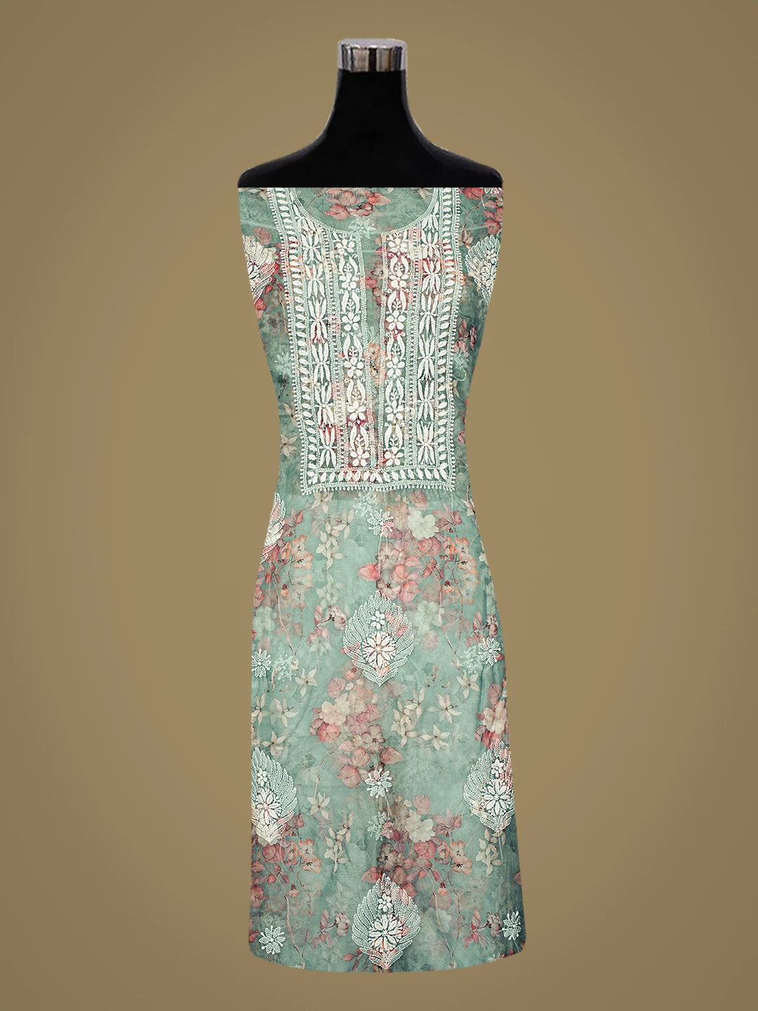 Ada Hand Embroidered Floral Printed Teal Green Organza Lucknowi Chikankari Unstitched Kurta Dupatta Set 01A876561