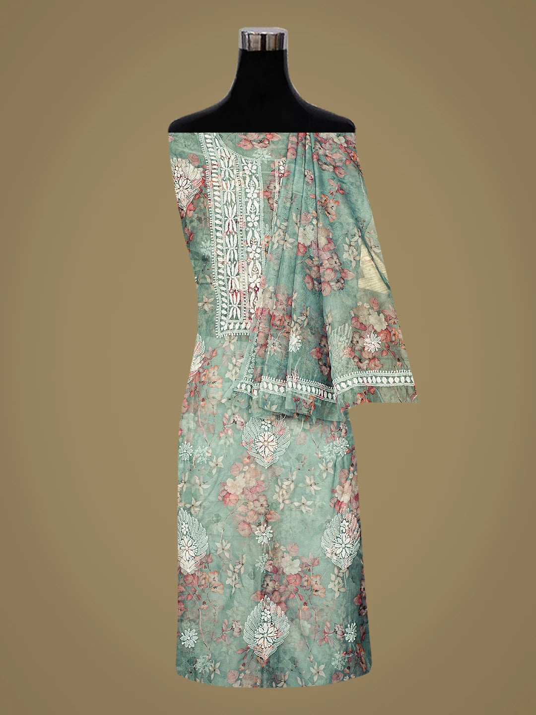 Ada Hand Embroidered Floral Printed Teal Green Organza Lucknowi Chikankari Unstitched Kurta Dupatta Set 01A876561