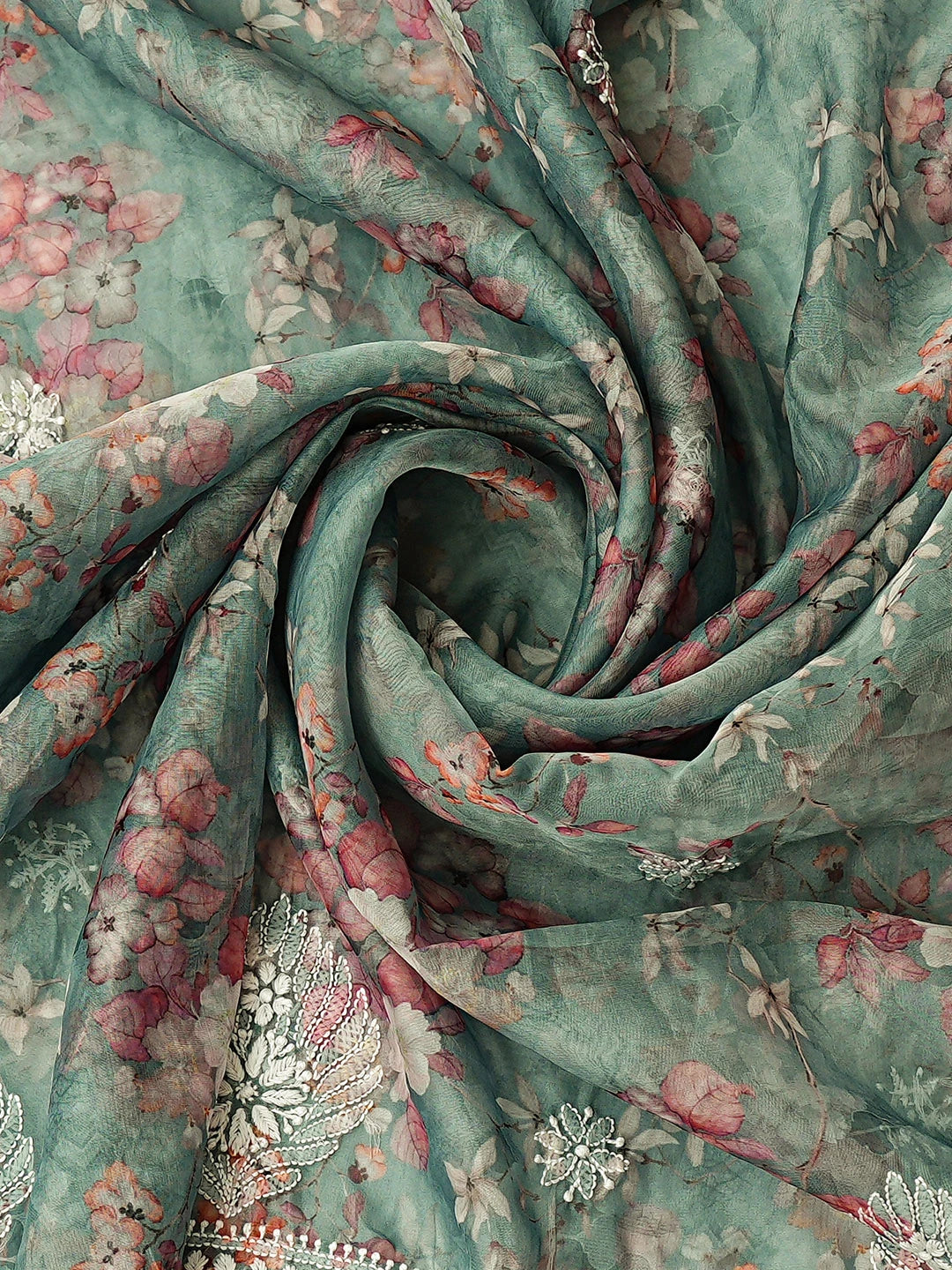 Ada Hand Embroidered Floral Printed Teal Green Organza Lucknowi Chikankari Unstitched Kurta Dupatta Set 01A876561