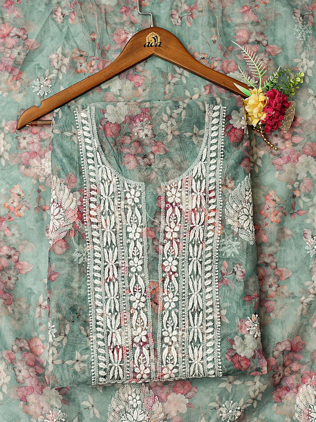 Ada Hand Embroidered Floral Printed Teal Green Organza Lucknowi Chikankari Unstitched Kurta Dupatta Set 01A876561