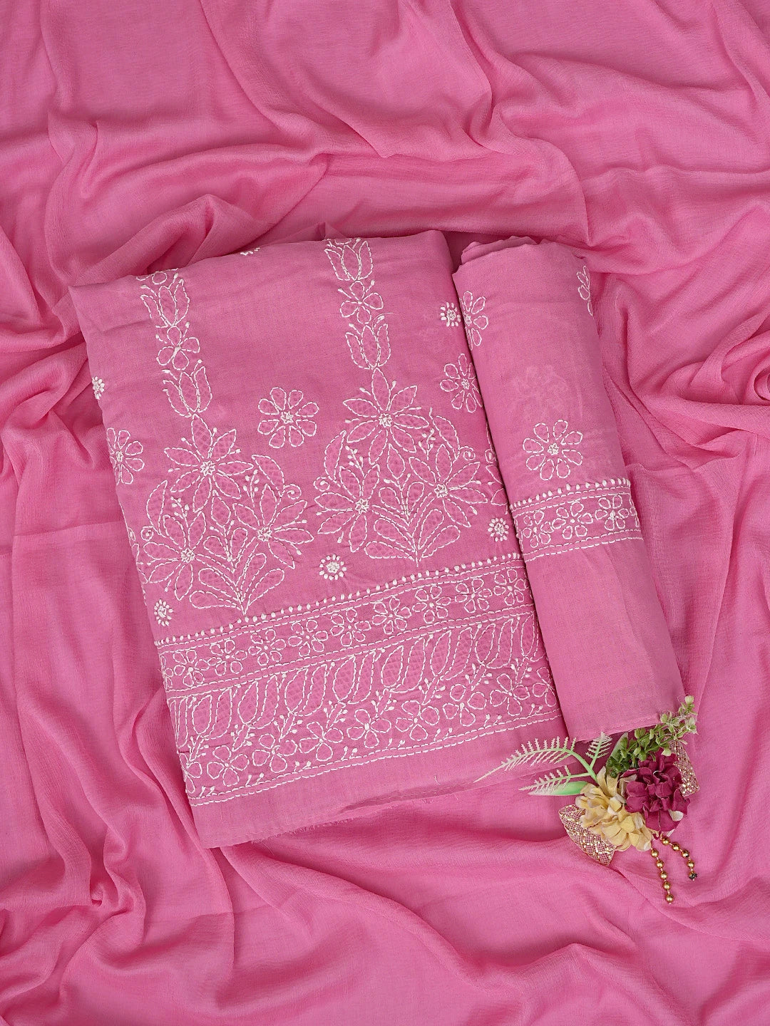 Ada Hand Embroidered Pink Cotton Lucknowi Chikankari Unstitched Suit Piece 01A881444