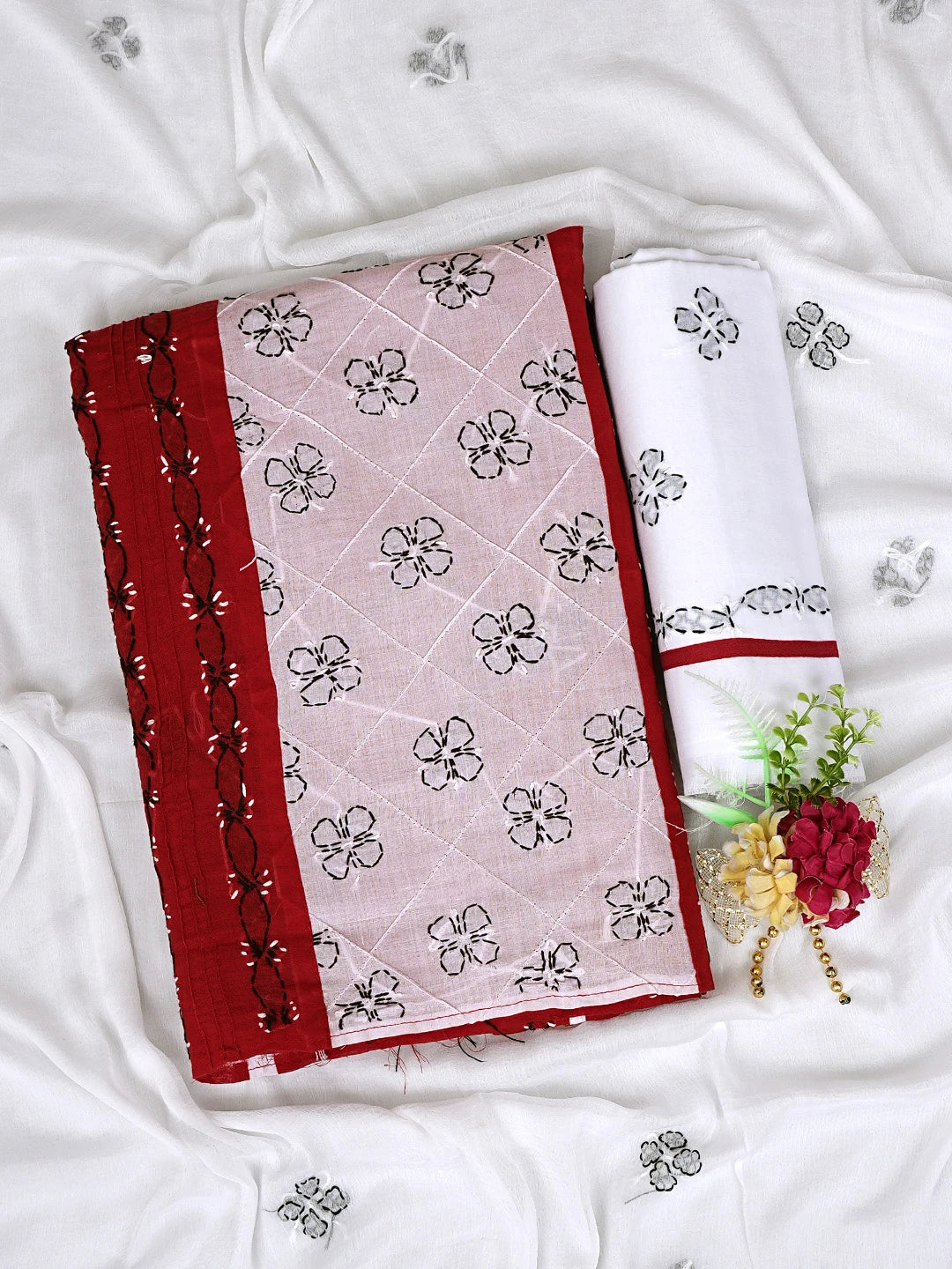 Ada Hand Embroidered Red Cotton Lucknowi Chikankari Unstitched Suit Piece 01A882733