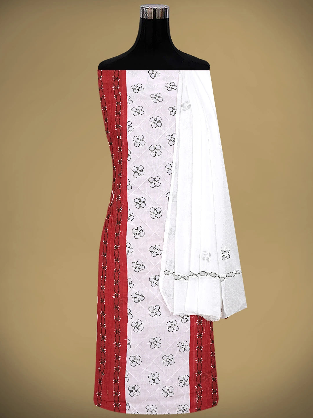 Ada Hand Embroidered Red Cotton Lucknowi Chikankari Unstitched Suit Piece 01A882733
