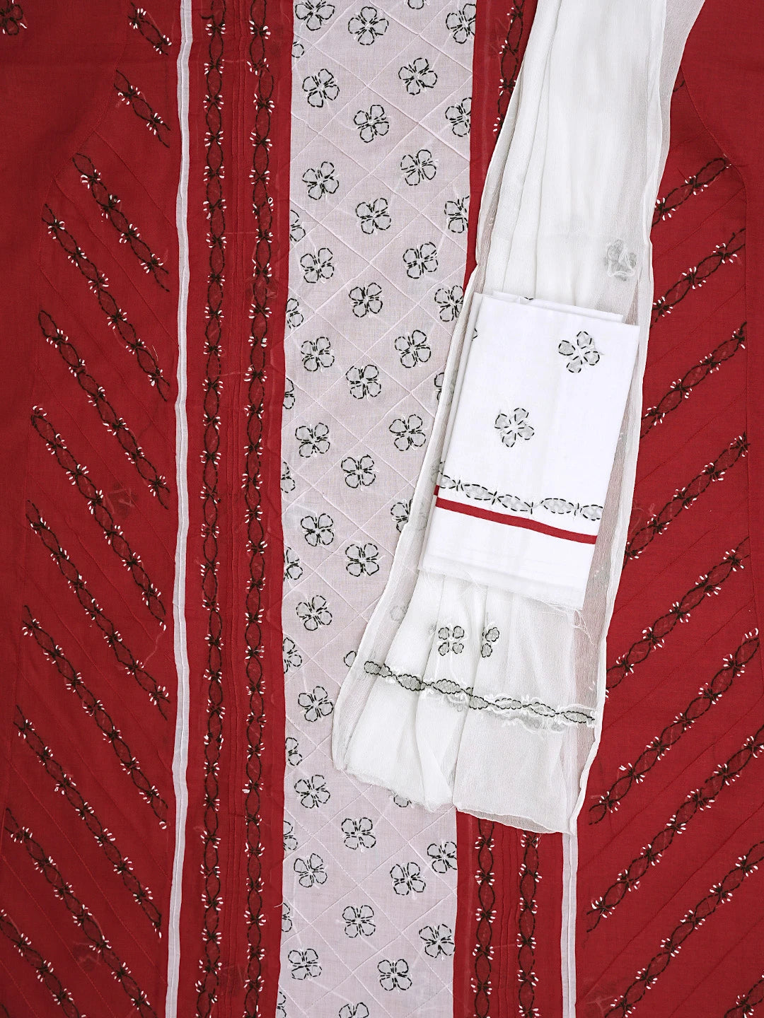 Ada Hand Embroidered Red Cotton Lucknowi Chikankari Unstitched Suit Piece 01A882733