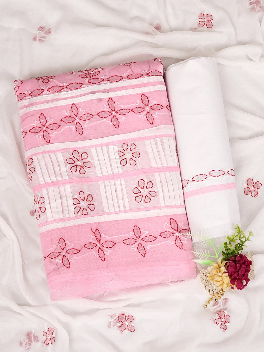 Ada Hand Embroidered Pink Cotton Lucknowi Chikankari Unstitched Suit Piece 01A882730