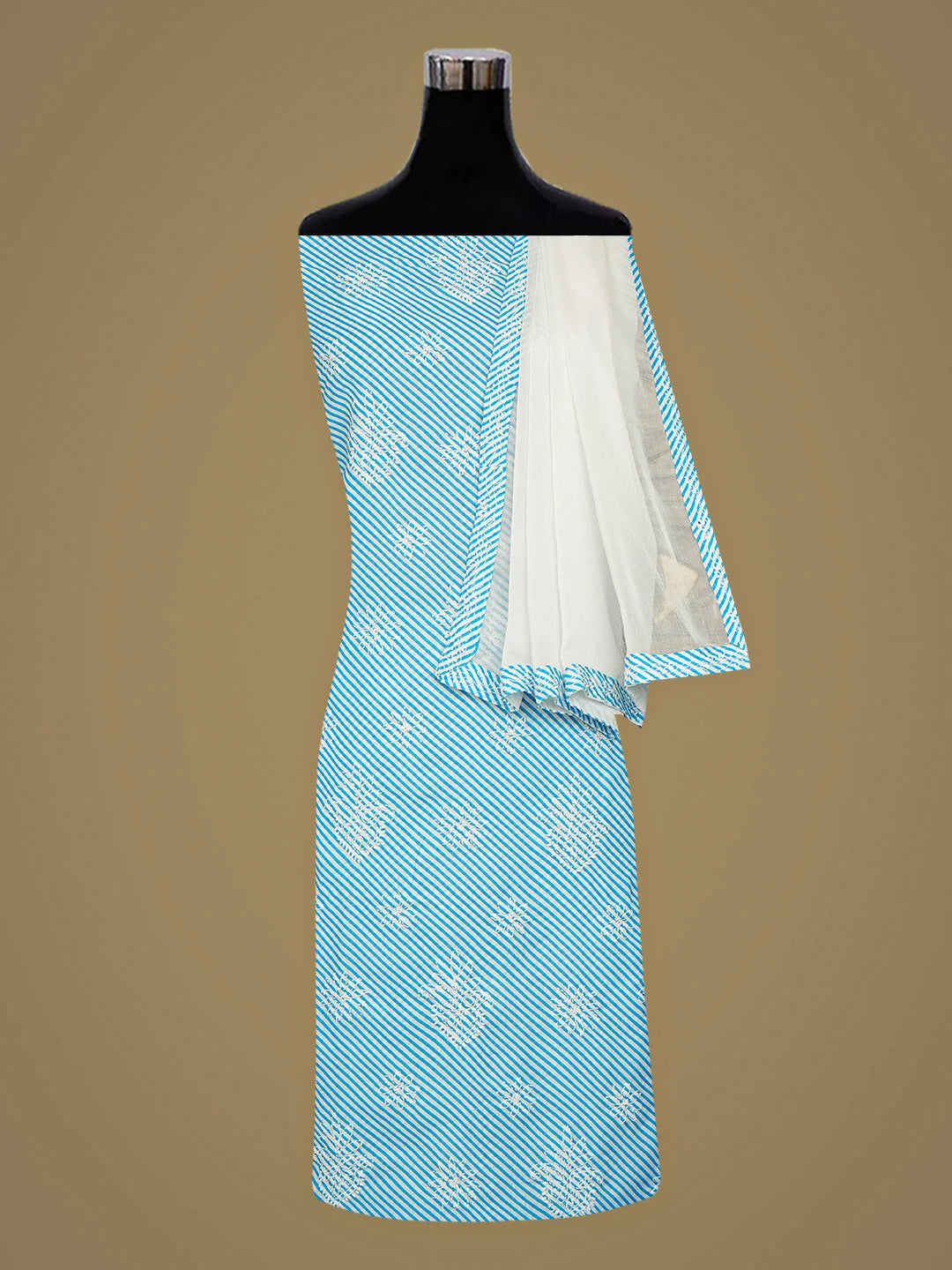 Ada Hand Embroidered Blue Leheriya Cotton Lucknowi Chikankari Unstitched Suit Piece 01A885448