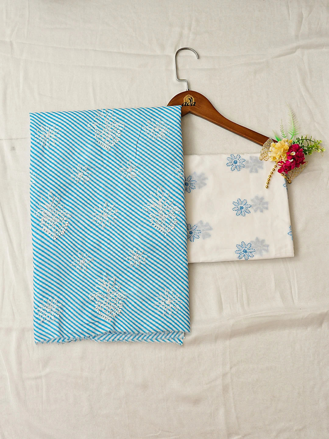 Ada Hand Embroidered Blue Leheriya Cotton Lucknowi Chikankari Unstitched Suit Piece 01A885448