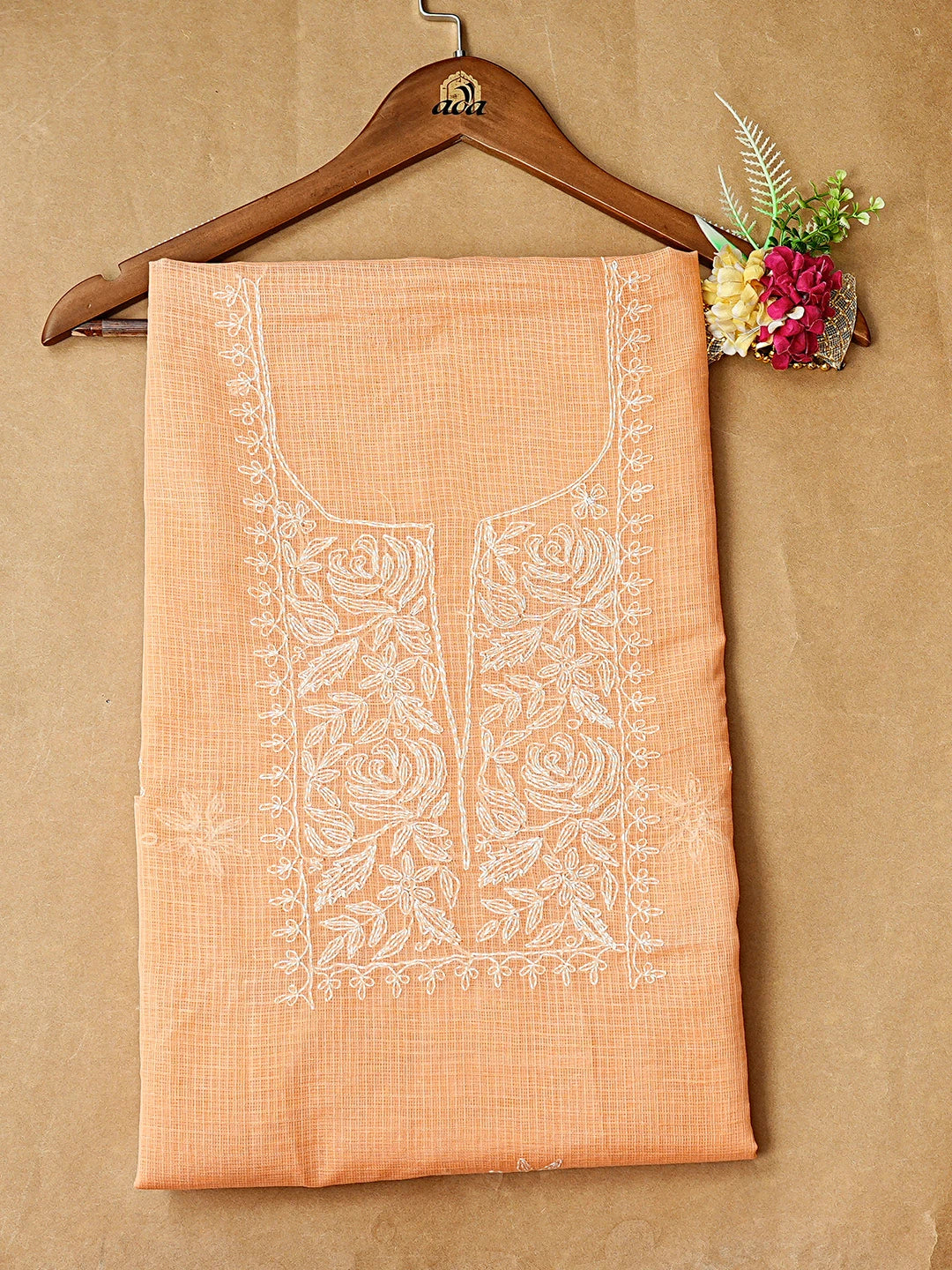 Ada Hand Embroidered Peach Kota Lucknowi Chikankari Unstitched Kurta Piece 01A846238