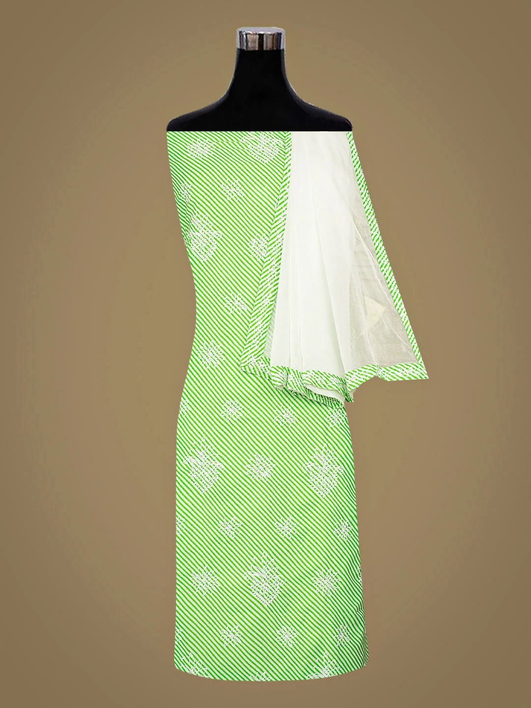 Ada Hand Embroidered Green Leheriya Cotton Lucknowi Chikankari Unstitched Suit Piece 01A885394