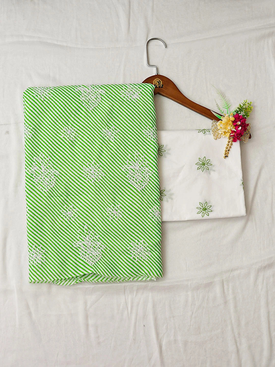 Ada Hand Embroidered Green Leheriya Cotton Lucknowi Chikankari Unstitched Suit Piece 01A885394