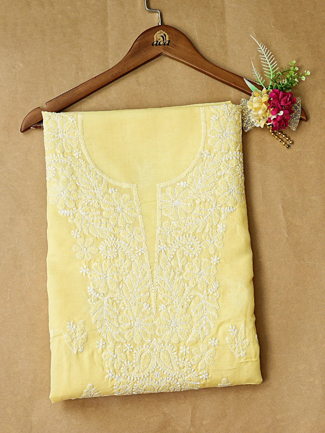 Ada Hand Embroidered Lemon Cotton Lucknowi Chikankari Unstitched Kurta Piece 01A863892