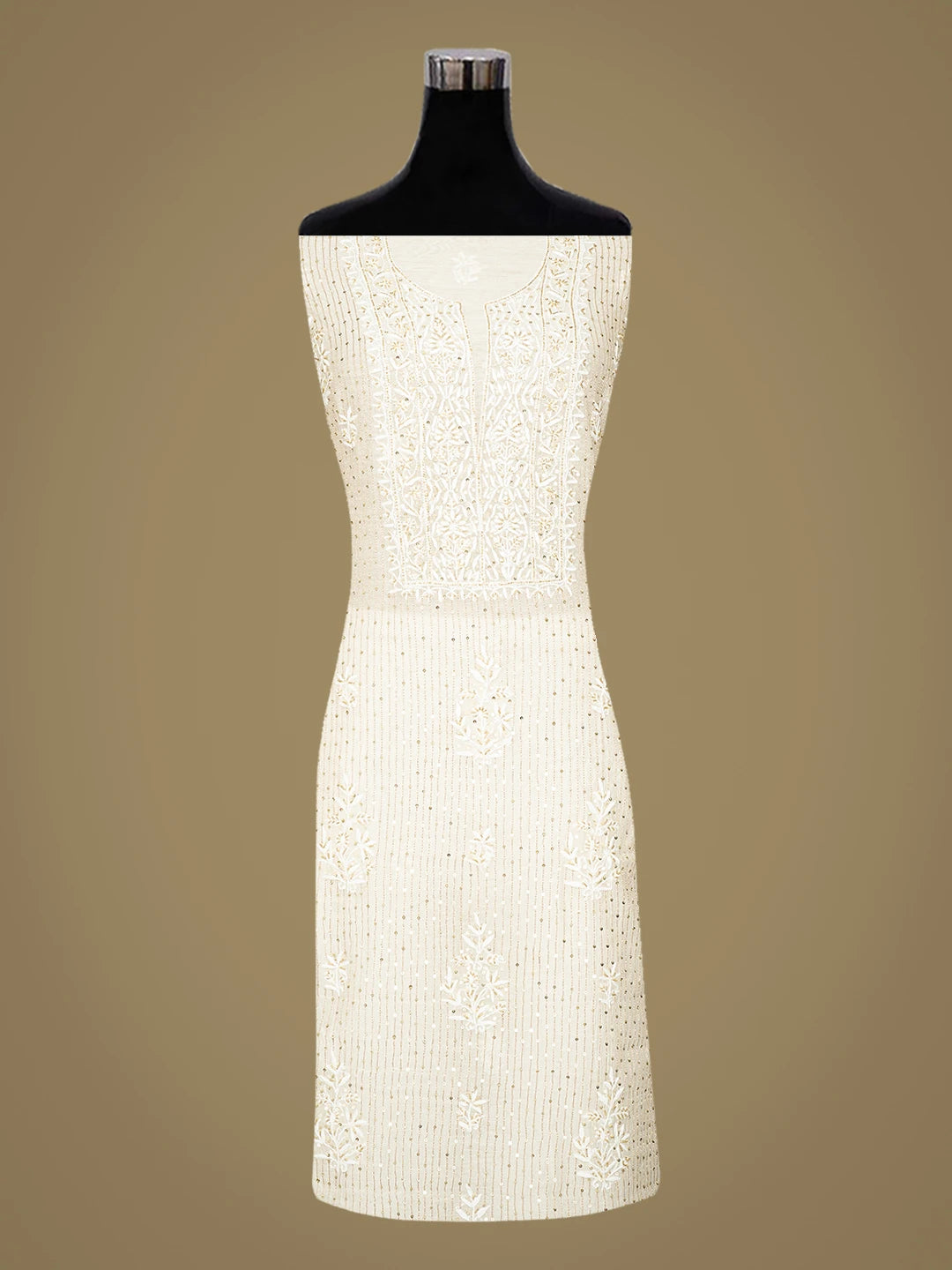 Ada Hand Embroidered White Cornsilk Chanderi Lucknowi Chikankari Unstitched Kurta Dupatta Set With Sequinned Work 01A881350