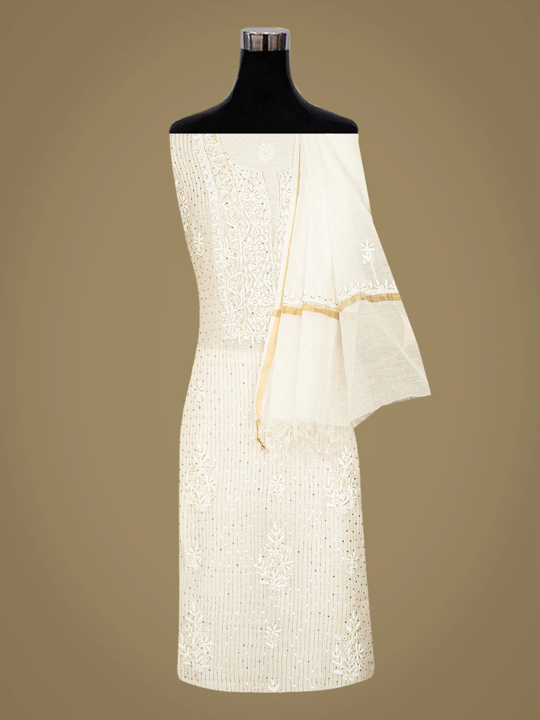 Ada Hand Embroidered White Cornsilk Chanderi Lucknowi Chikankari Unstitched Kurta Dupatta Set With Sequinned Work 01A881350
