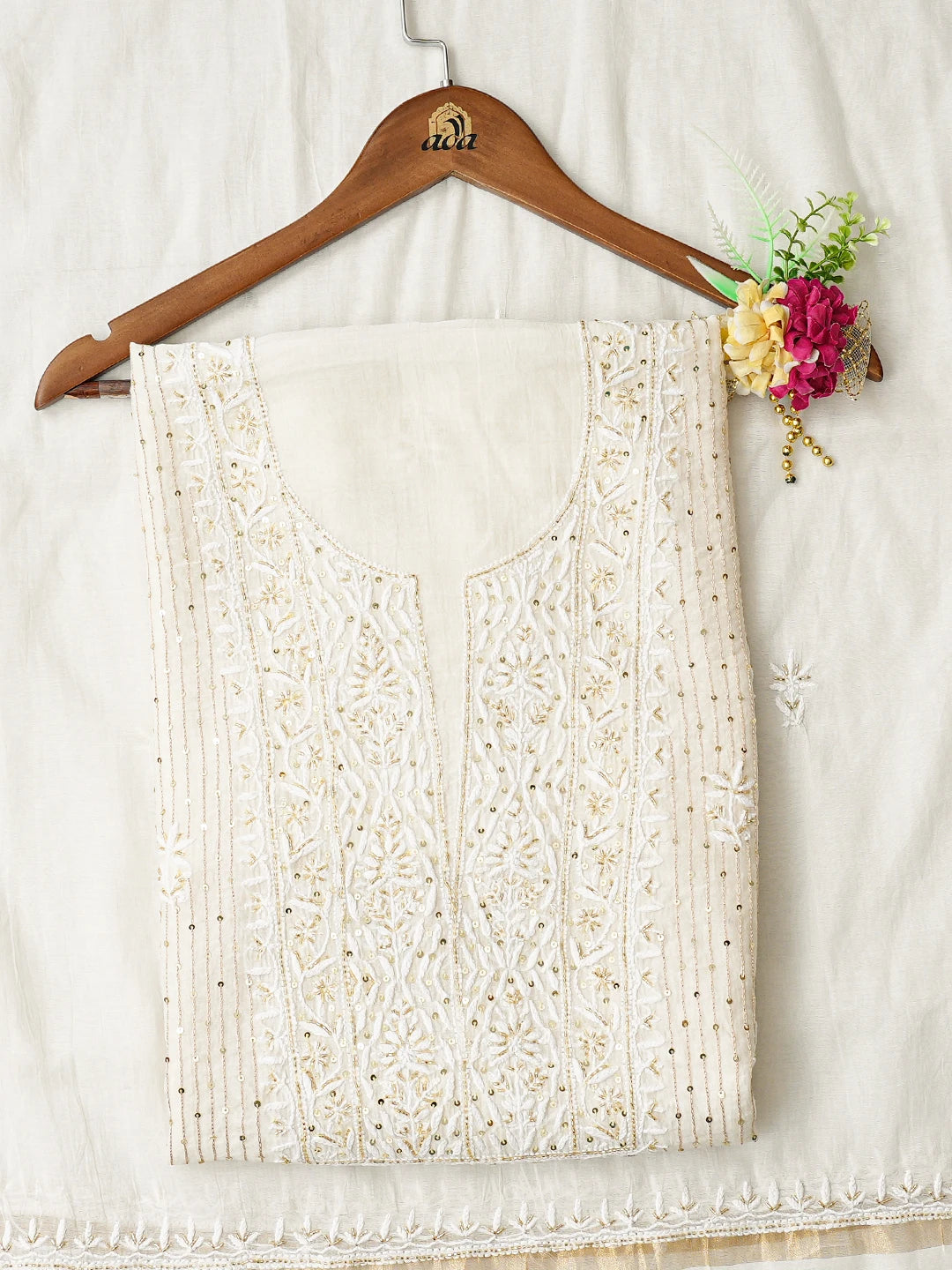 Ada Hand Embroidered White Cornsilk Chanderi Lucknowi Chikankari Unstitched Kurta Dupatta Set With Sequinned Work 01A881350