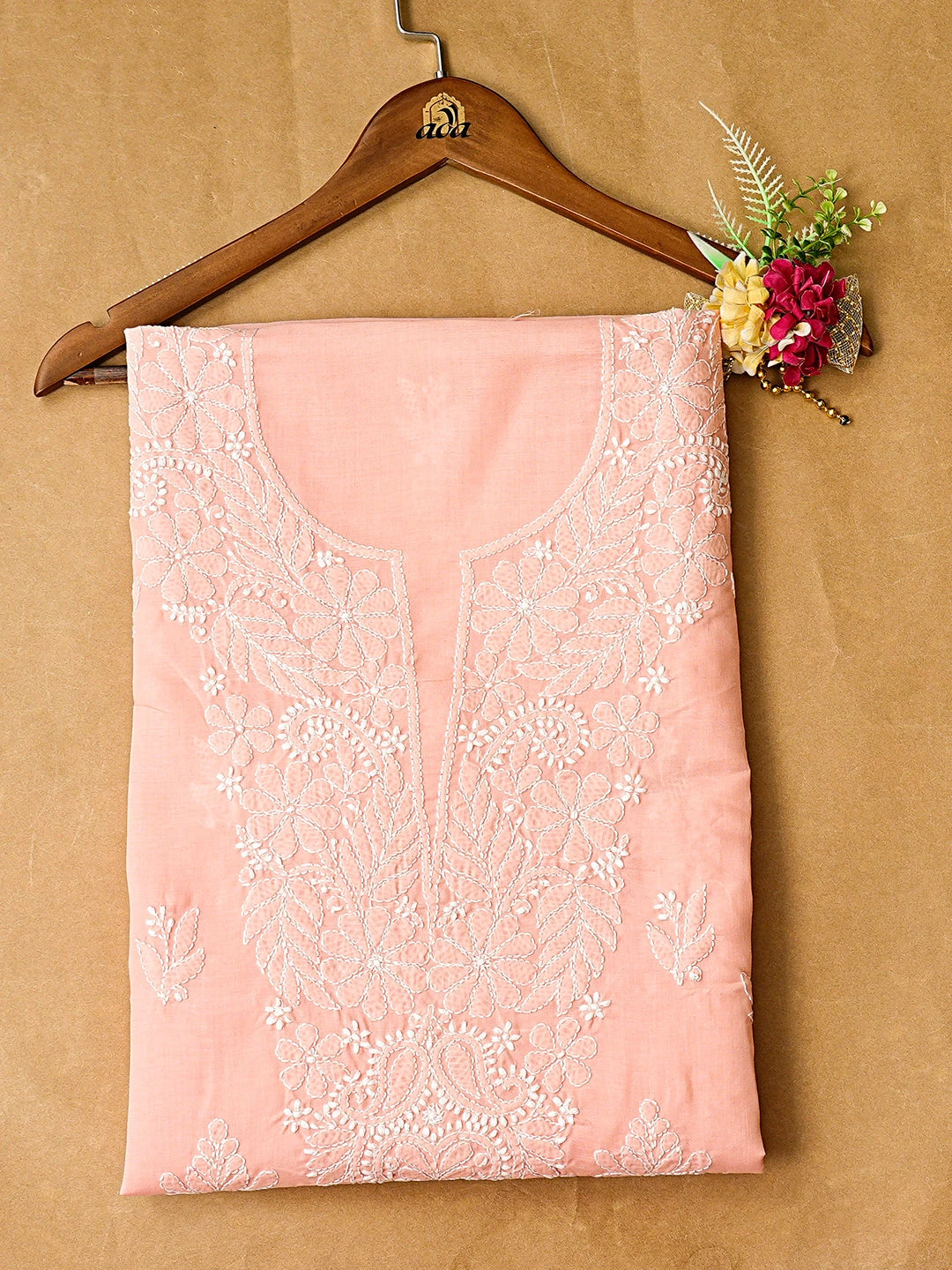 Ada Hand Embroidered Peach Cotton Lucknowi Chikankari Unstitched Kurta Piece 01A863872