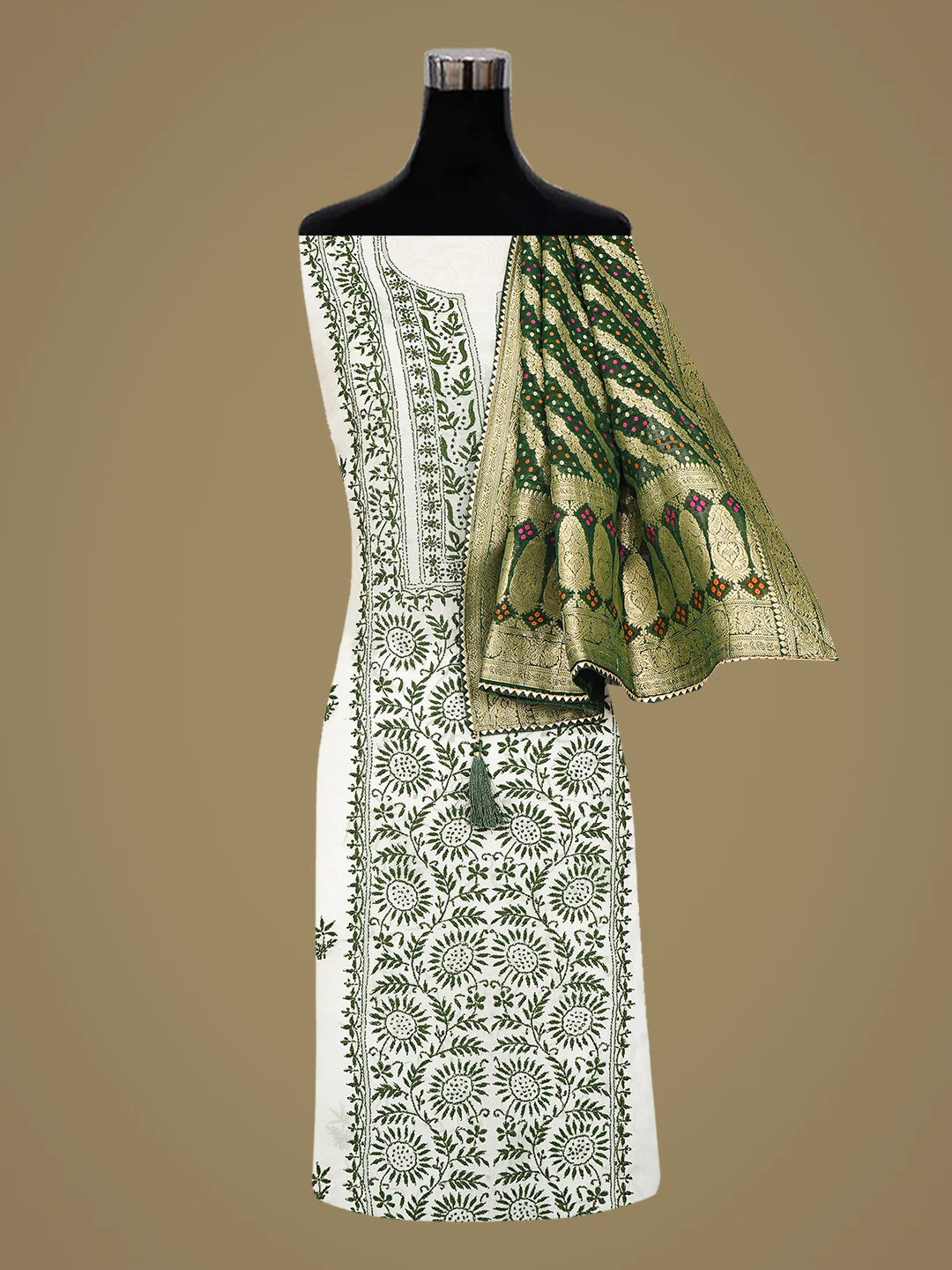 Ada Hand Embroidered White Organza With Bandhani Dupatta Lucknowi Chikankari Unstitched Kurta Dupatta Set 01A873052
