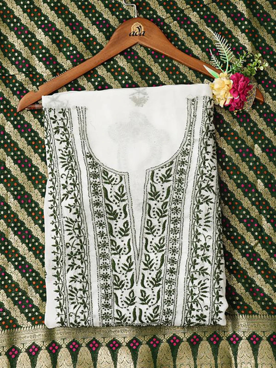 Ada Hand Embroidered White Organza With Bandhani Dupatta Lucknowi Chikankari Unstitched Kurta Dupatta Set 01A873052