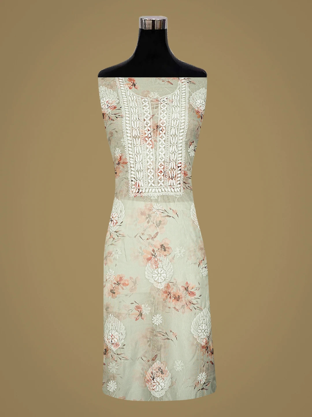 Ada Hand Embroidered Floral Printed Light Green Organza Lucknowi Chikankari Unstitched Kurta Dupatta Set 01A876710