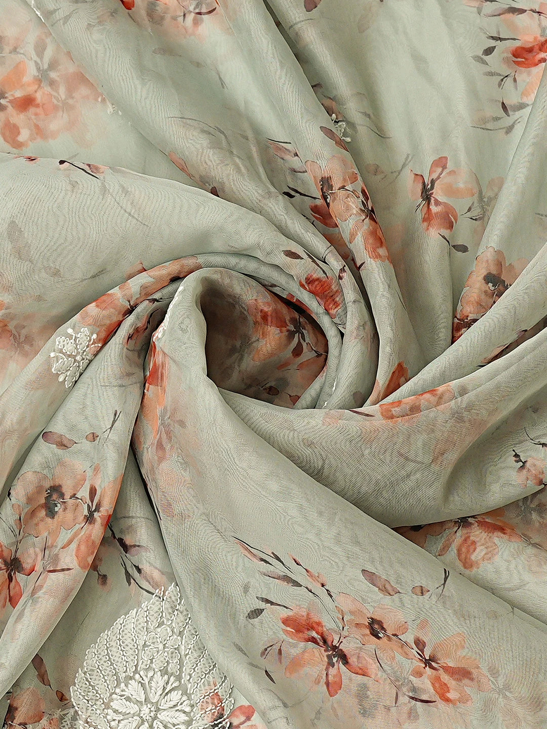 Ada Hand Embroidered Floral Printed Light Green Organza Lucknowi Chikankari Unstitched Kurta Dupatta Set 01A876710